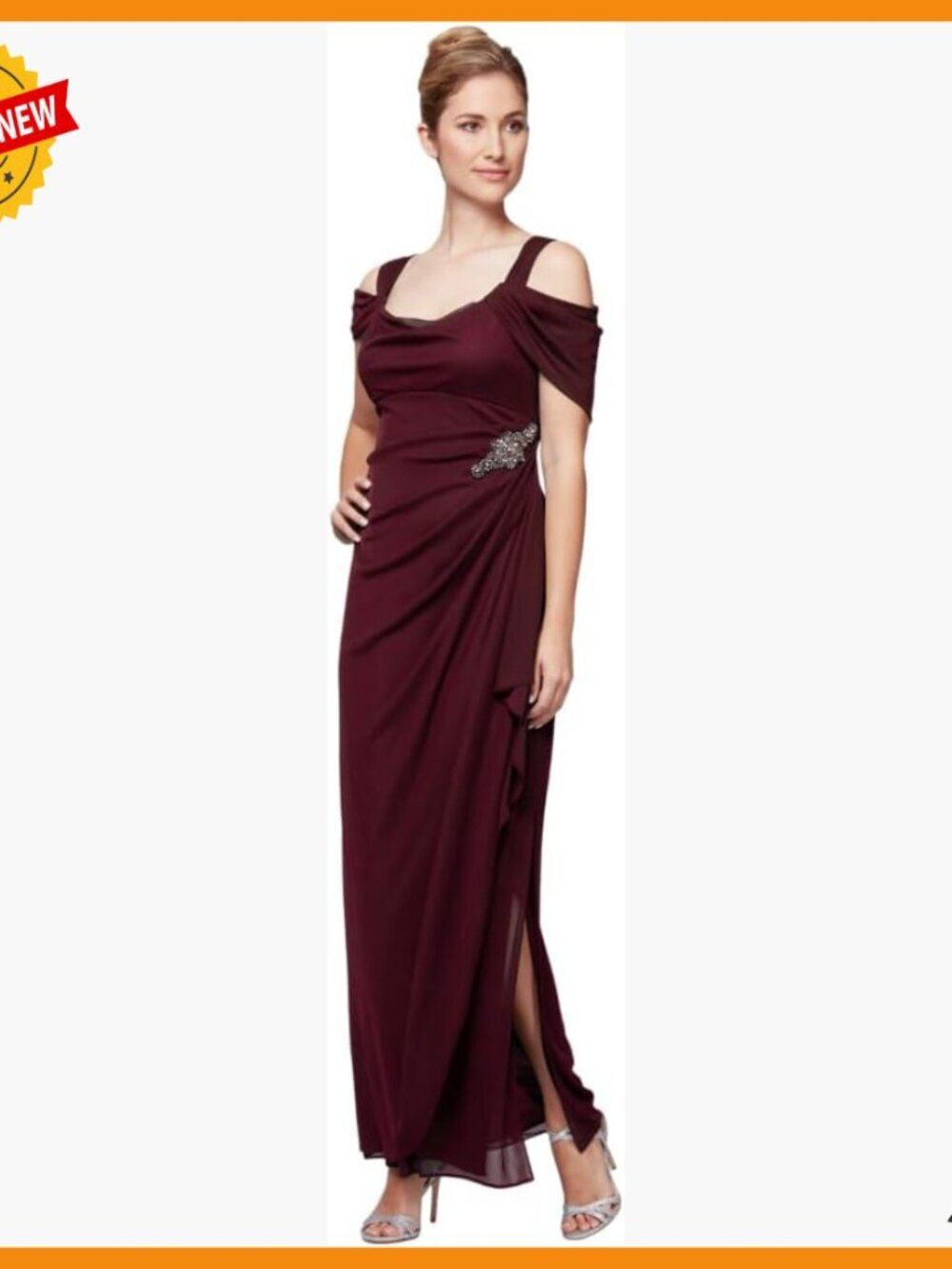 Long Cold Shoulder Formal Dress with Beaded Waist, Bra-Friendly Mesh